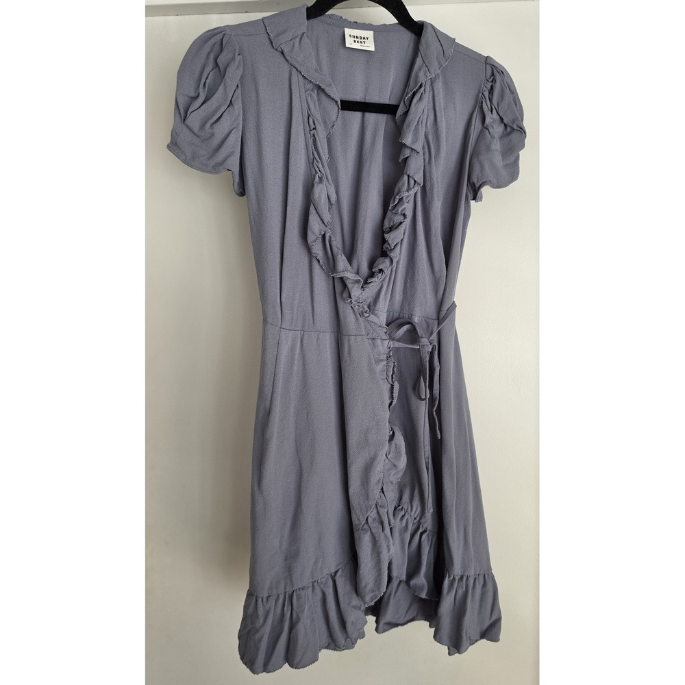 Sunday Best Aritzia Gray Ruffle Mini Dress - Wrap Front - Puff Sleeve - Size XS
